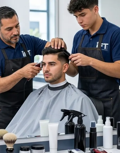 Docente de IFT enseñando un corte de barbería junto a un alumno