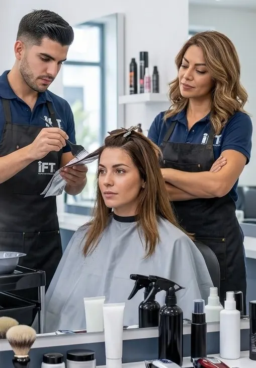 Docentes de IFT trabajando un color en una clase de peluquería